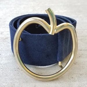 Vintage GIVENCHY Nouvelle Boutique Blue Suede Leather Belt w/ Brass Apple Buckle